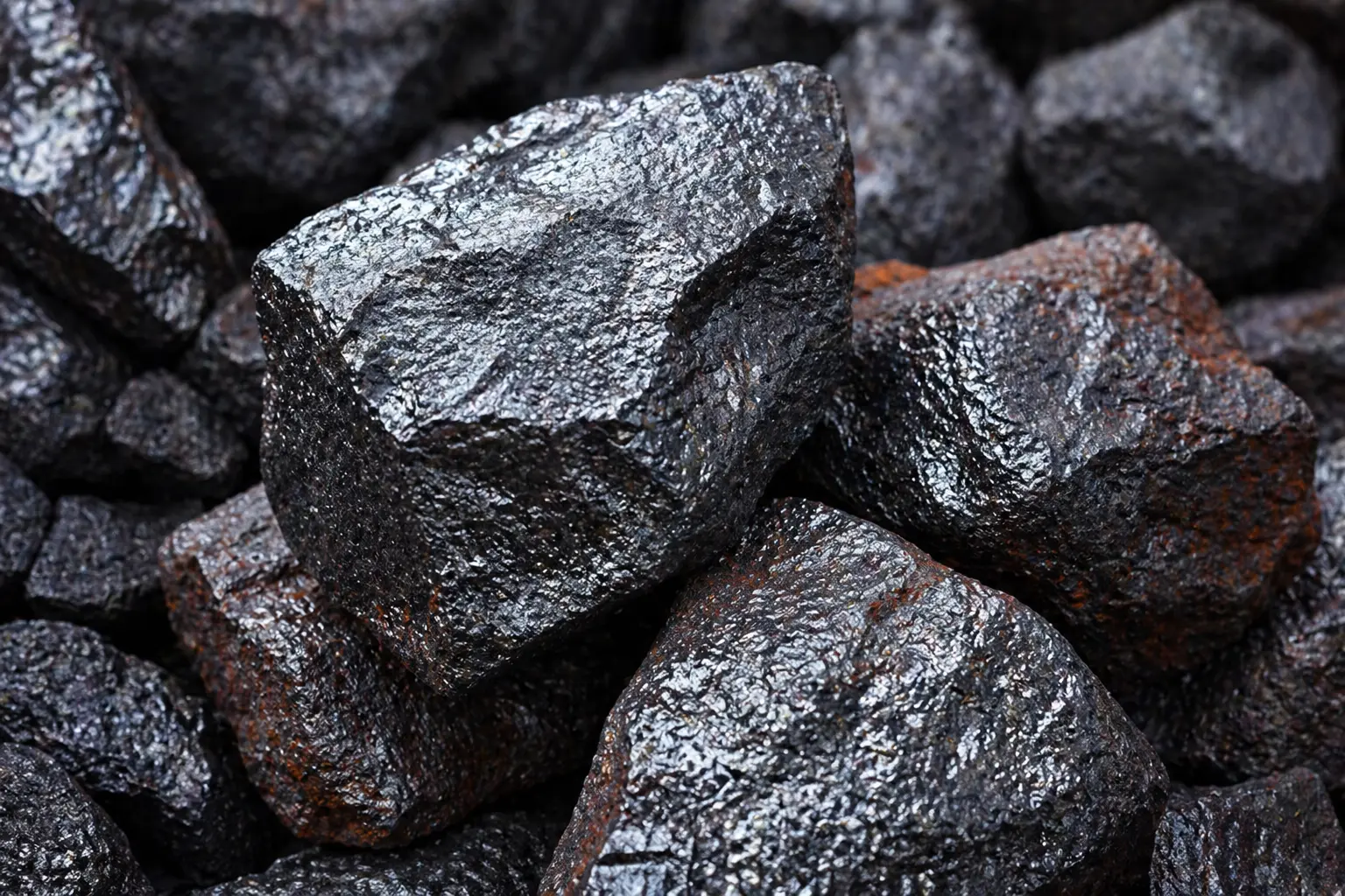 high-grade natural iron ore rocks with dark metallic texture and mineral-rich surface